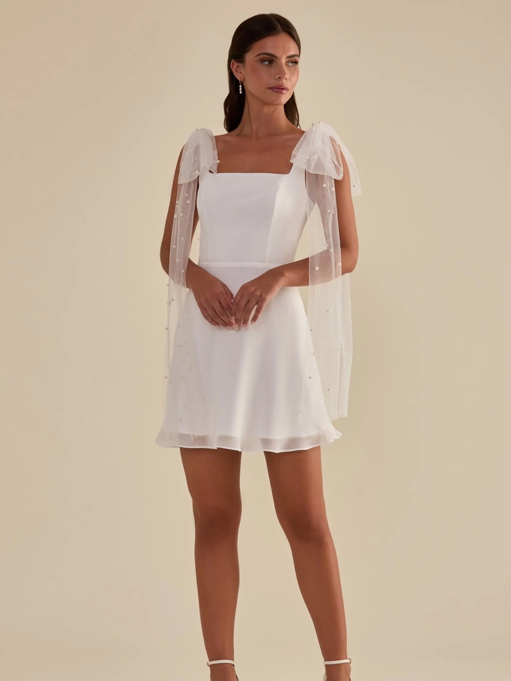 Birdy Grey Little White Dress with Sheer Pearl-Embellished Shoulder Drapes